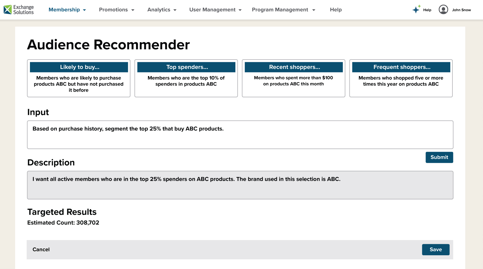 Audience Recommender Agent Screen